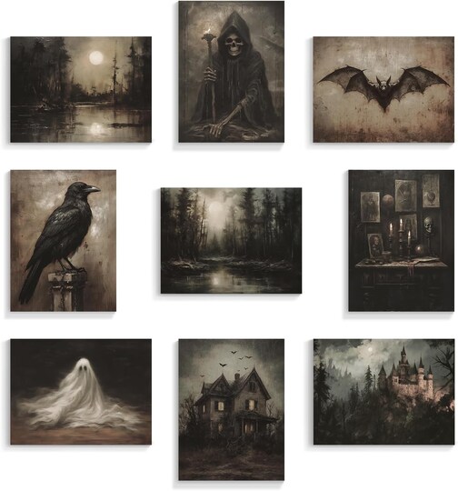 Citrus; 9 Pcs Halloween Wall Art Prints Set, Dark Academia Gothic Decor 8x10, Spooky Ghost Witch Raven Bat Haunted House Moody Forest Posters, Unframed; Category:Halloween Decorations; Image:1